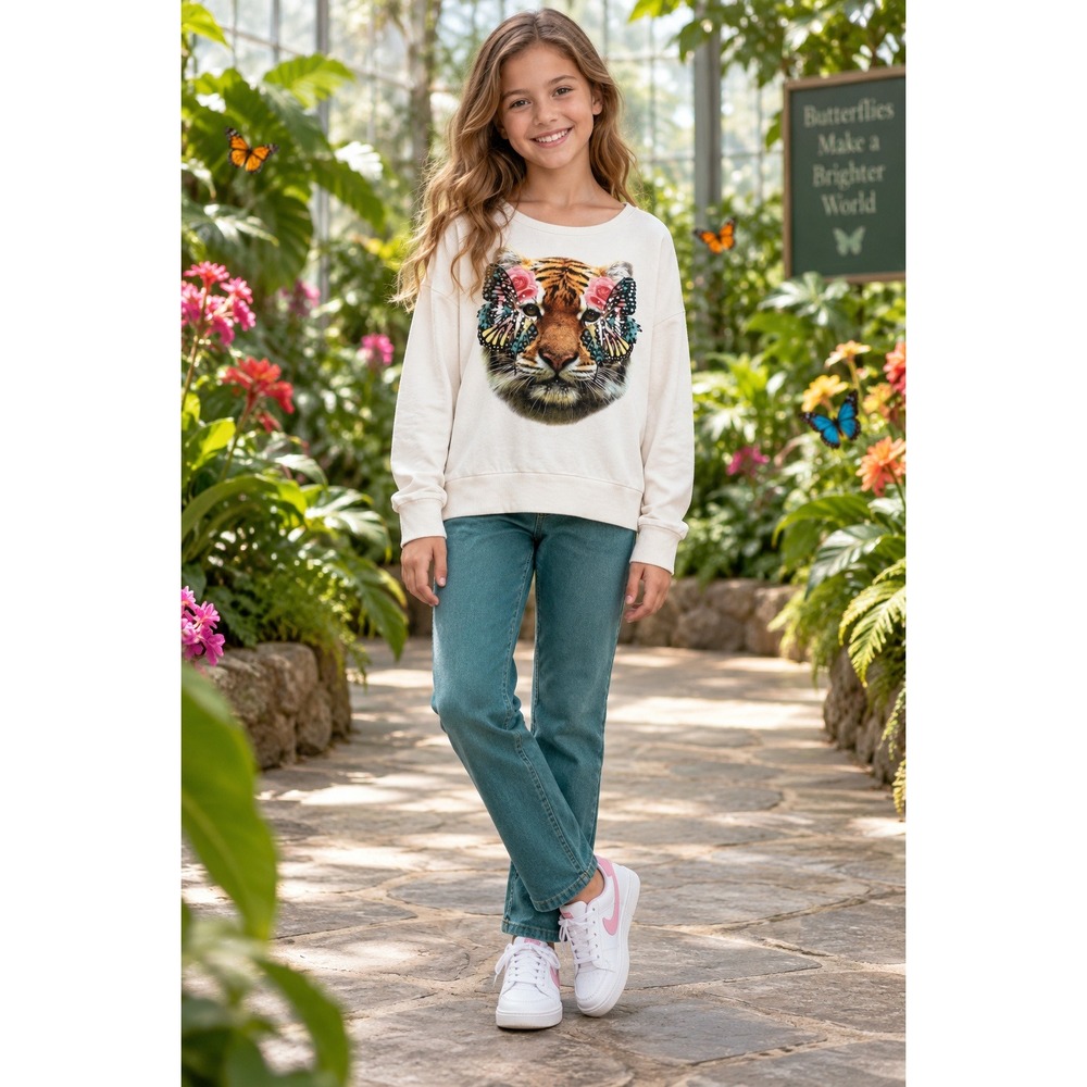 Runway Girl Tiger Butterfly Graphic Sweatshirt Off White Girls Medium 10-12